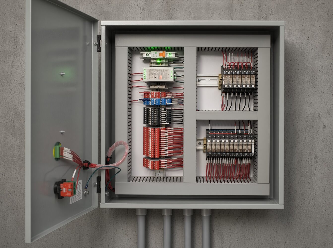 Open emergency shutdown panel showing relays, terminals, and door-mounted reset and stop controls
