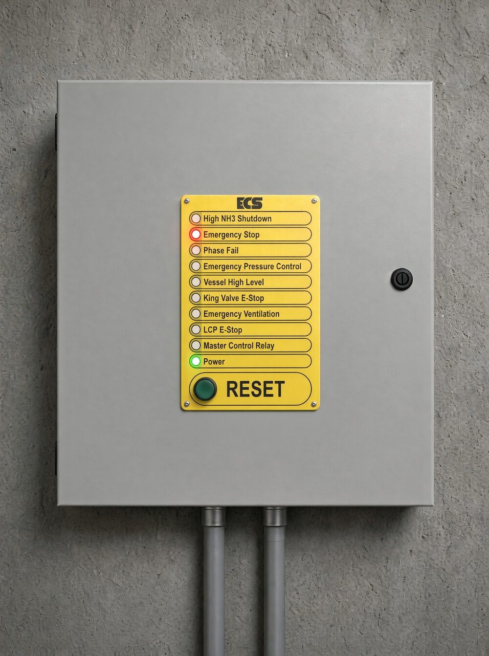 Closed emergency shutdown panel with yellow status plate listing shutdown conditions and a reset button